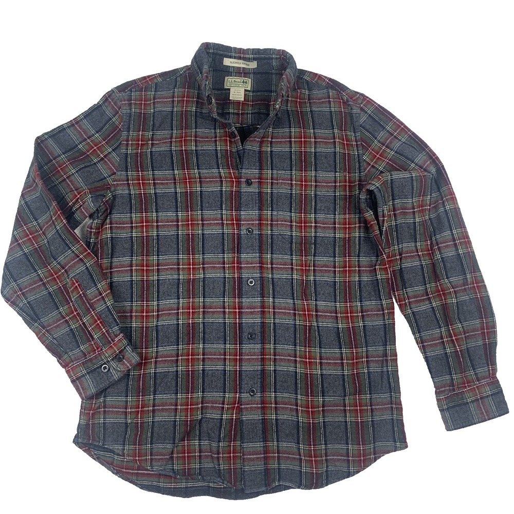 L.L. Bean Mens Gray Scotch Plaid Flannel Button Down Sz Med Slightly Fitted
